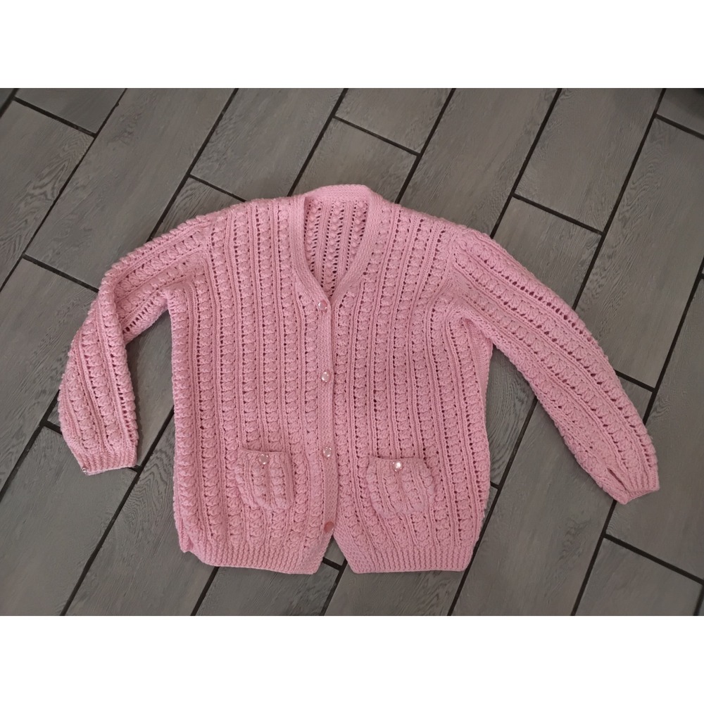 Handmade Pink Crochet Cardigan Sweater V-Neck Button Front Pockets Chunky Knit